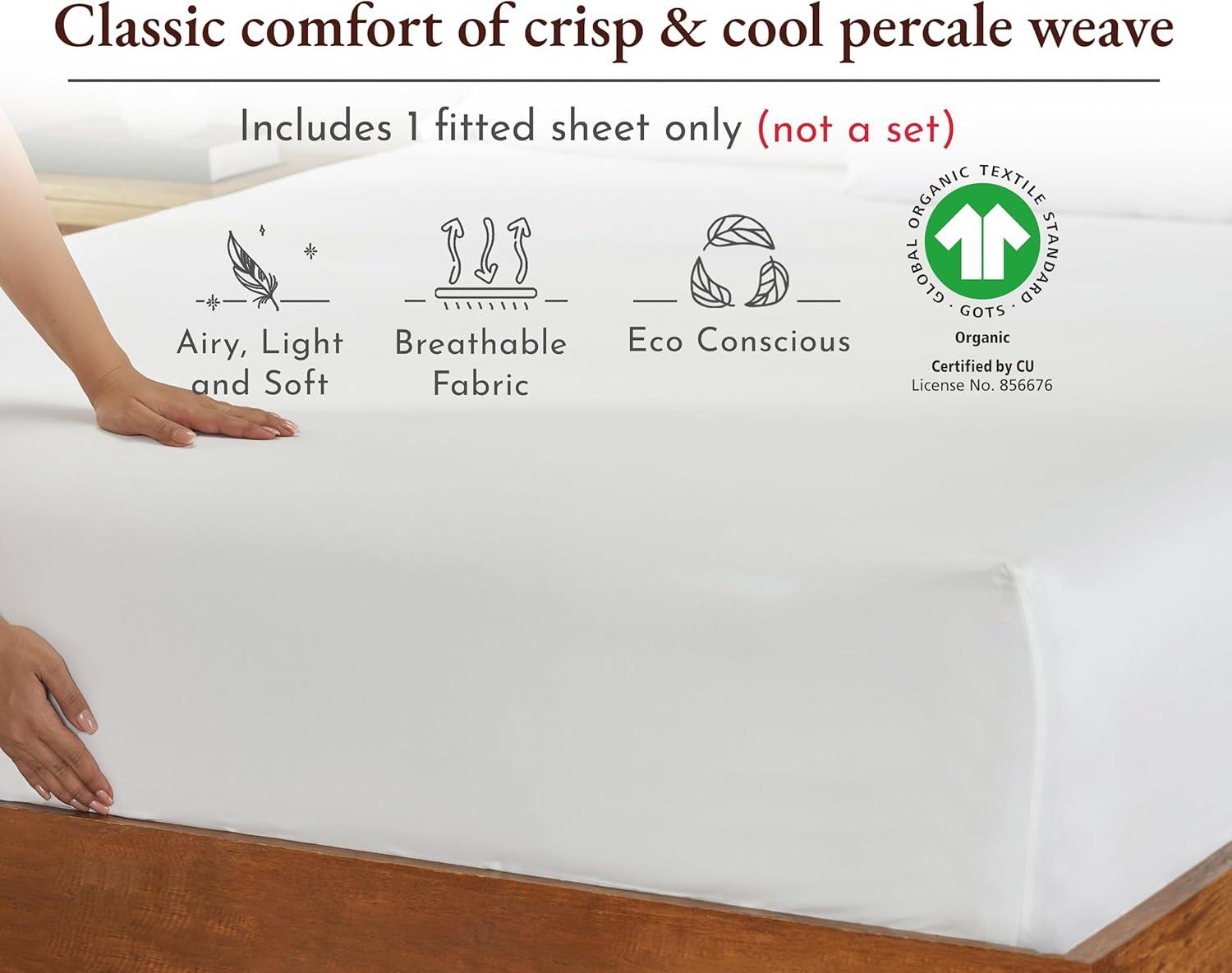 Fitted Sheet Only, 100% Organic Cotton Percale, Cool & Crisp, Deep Pocket - by California Design Den