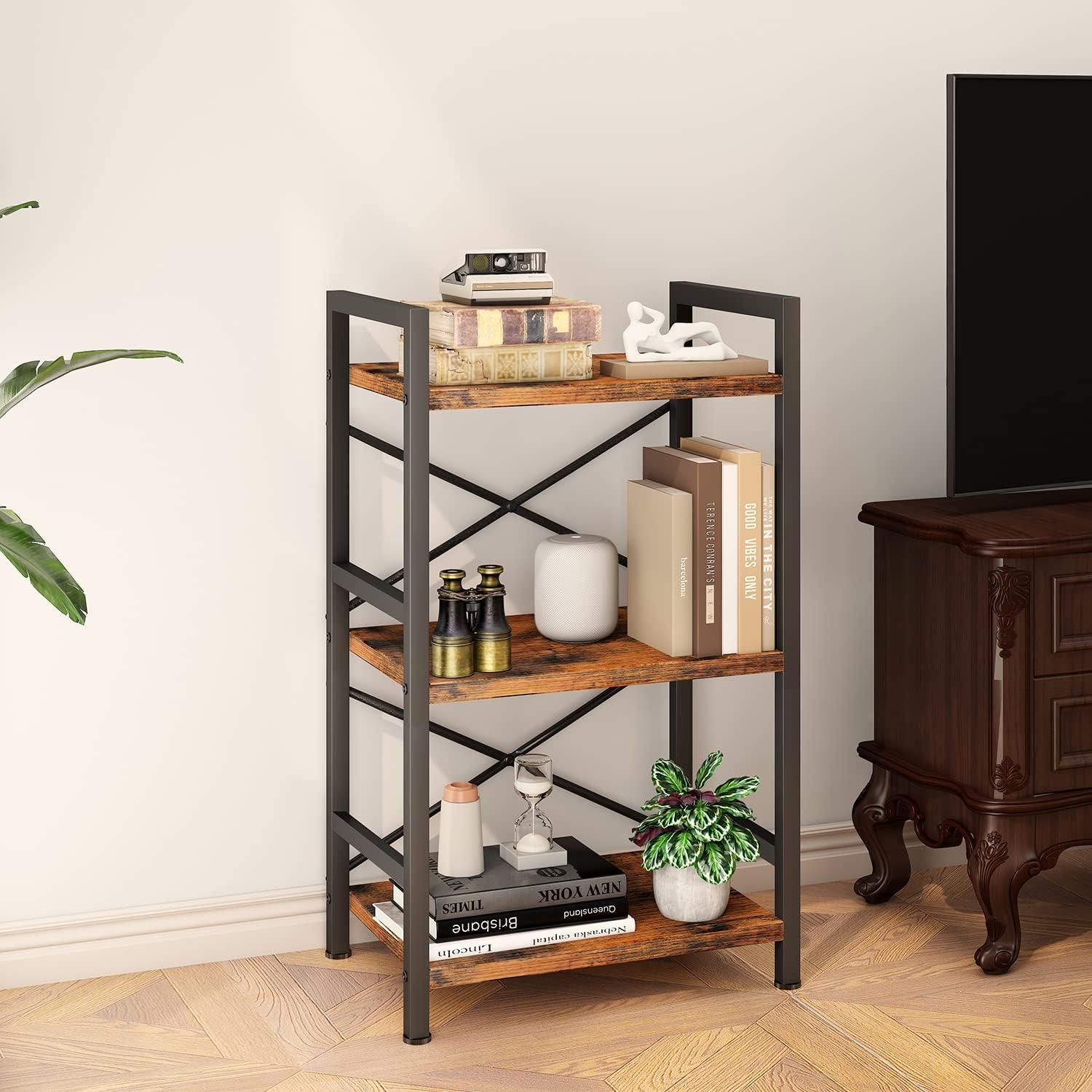 Homeiju 3-Tier Vintage Brown Industrial Metal Bookcase