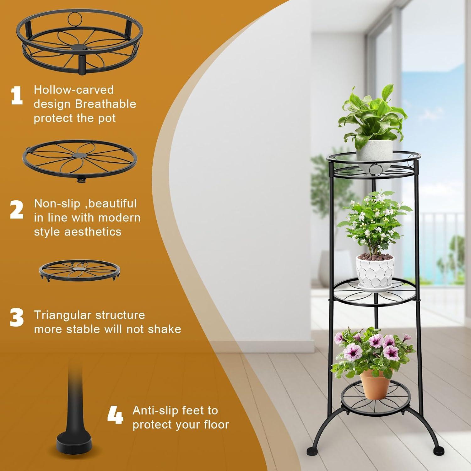 35-Inch Black Iron 3-Tier Heavy-Duty Plant Stand