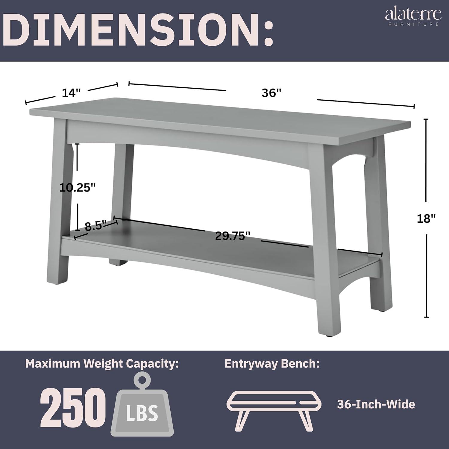 Alaterre Craftsbury 36 in. Sturdy Pine Wood Entryway Bench, Open Design Accent Furniture, Gray