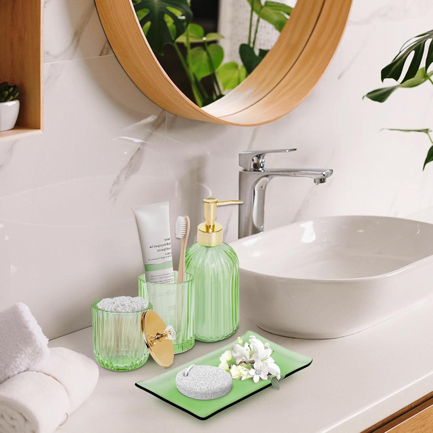 Green Glass Bathroom Accessories Set with Gold Accents, 4 Pieces