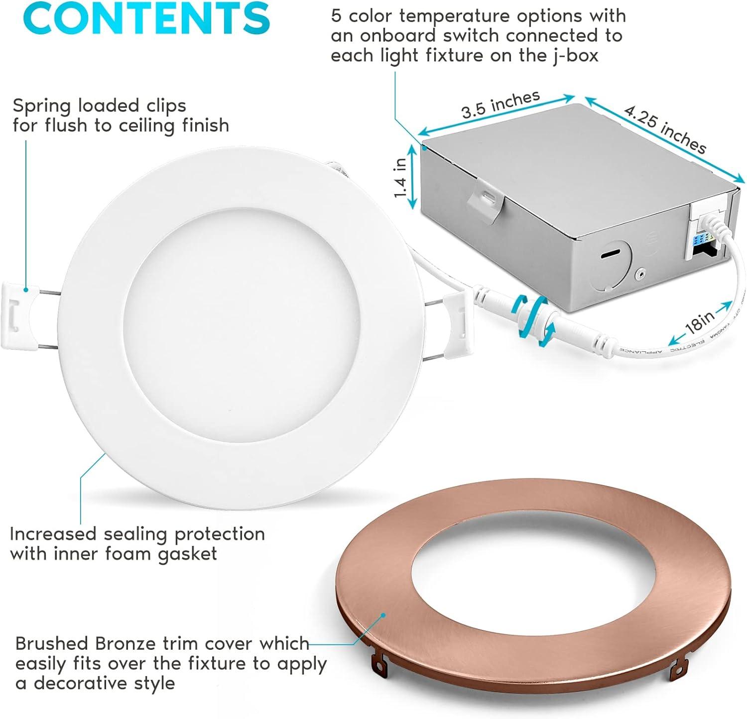 Luxrite 4'' Copper Trim Ultra Thin LED Recessed Light, 5 Color Temp Options