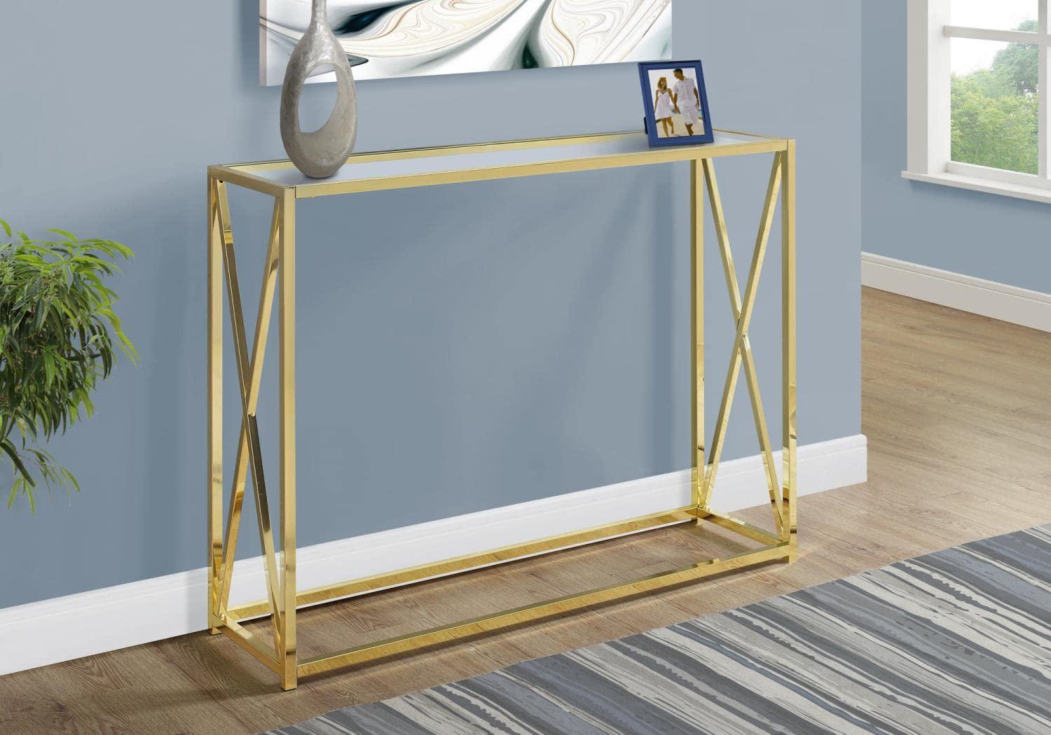 Monarch Specialties 42.25 Inch Modern Chic Glass Top Metal Frame Console Accent Table with Criss-Cross Legs for Living Rooms and Offices, Gold