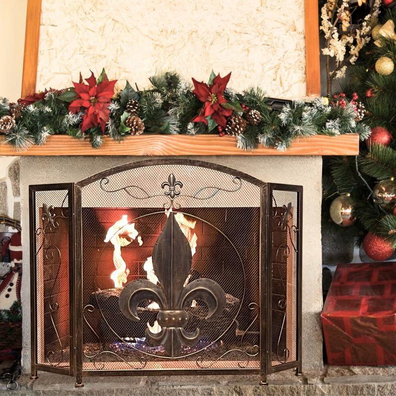 BestGiftEver 3-Panel Fireplace Screen Decorative with Fleur De Lis Design Vintage Golden Bronze Tone - Stand Alone Decorative Wrought Iron Mesh French Royal Style Fireplace Cover, Classic Home Decor