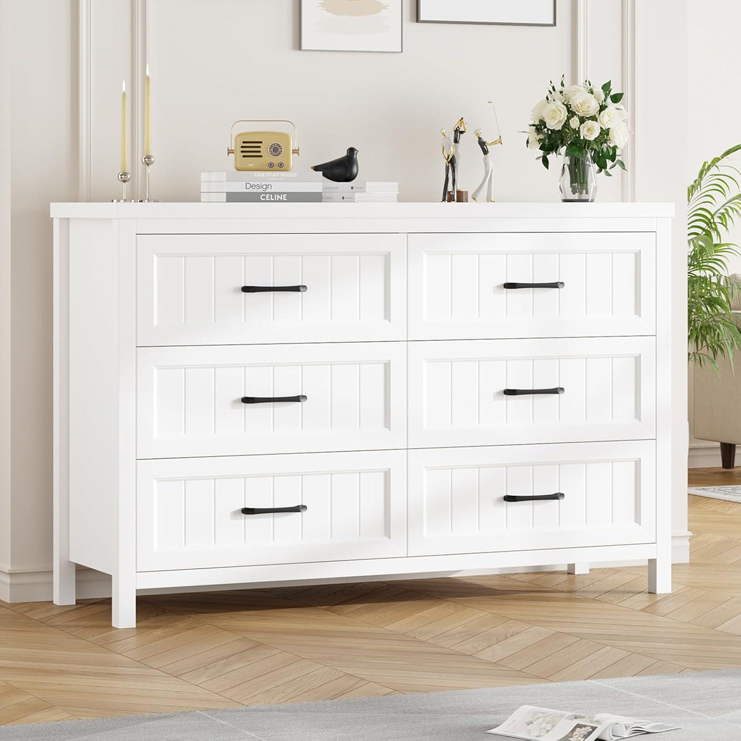 6 Drawer Dresser for Bedroom, Farmhouse Dresser with Deep Drawers, Large White Dresser Wooden Double Dresser Chest of Drawers for Living Room, Hallway, Entryway (White, 6 Drawer)