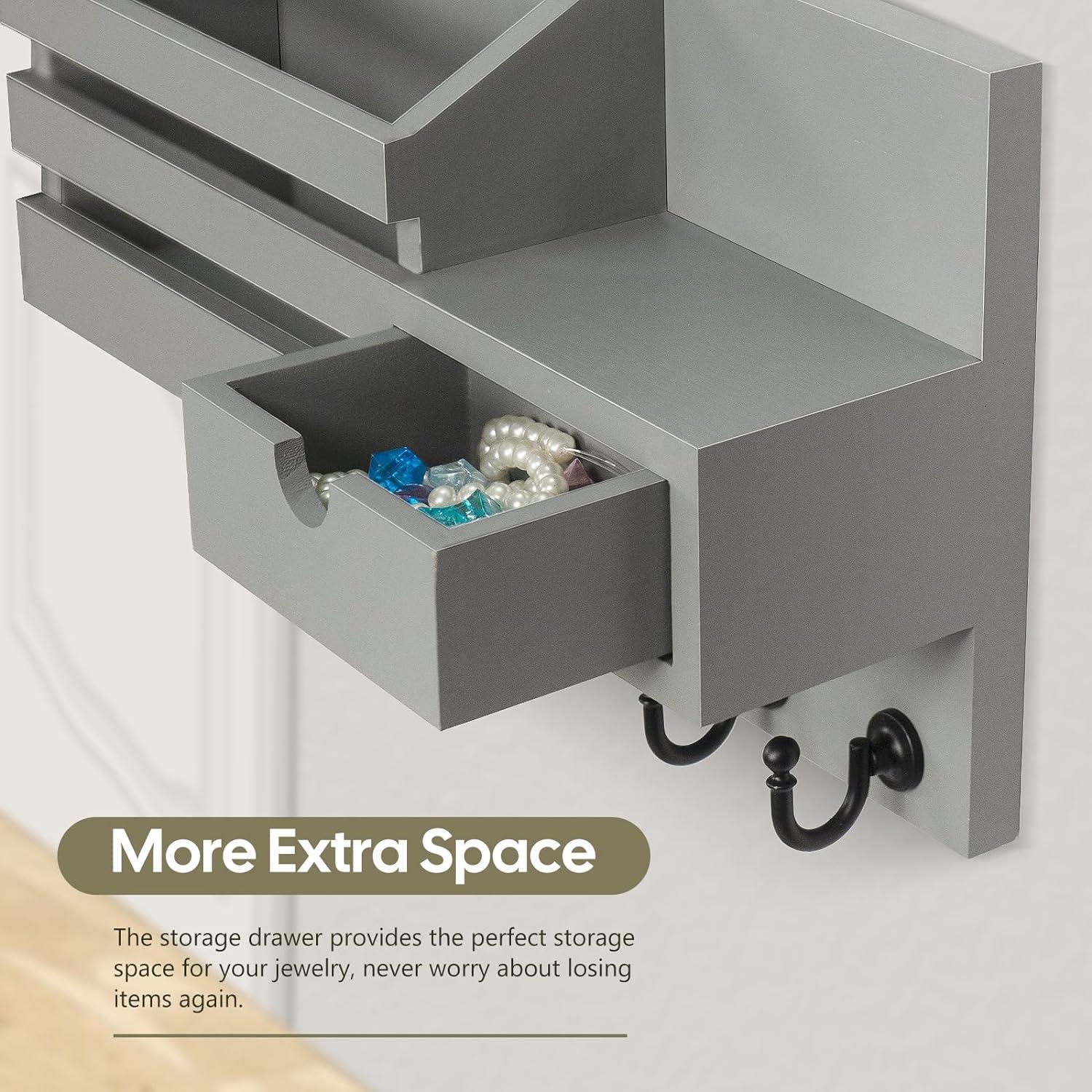 Gray Wall-Mounted Mail Organizer with Hooks and Drawer