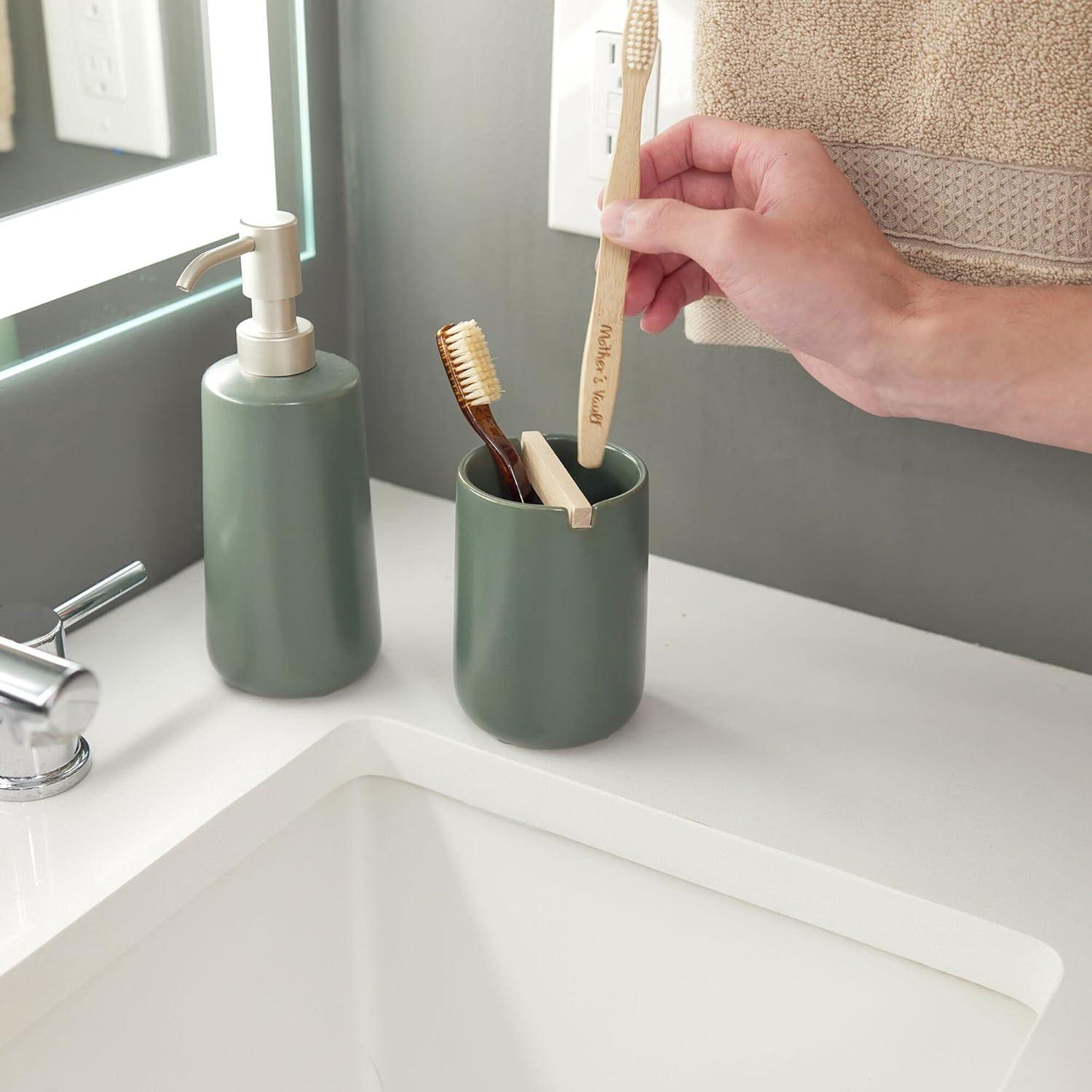 iDesign Ceramic Earth Collection Toothbrush Holder with Paulownia Wood Divider, Moss/Natural Wood C38