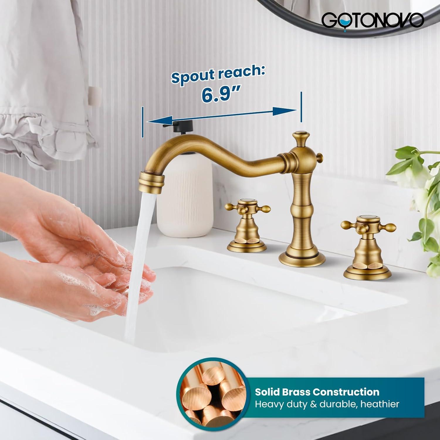 gotonovo Bathroom Faucet 3 Hole 8 Inch Widespread Bathroom Sink Faucet 2 Cross Handles Vintage Lavatory Vanity Mixer Tap with Pop Up Drain, H C Label, Antique Brass