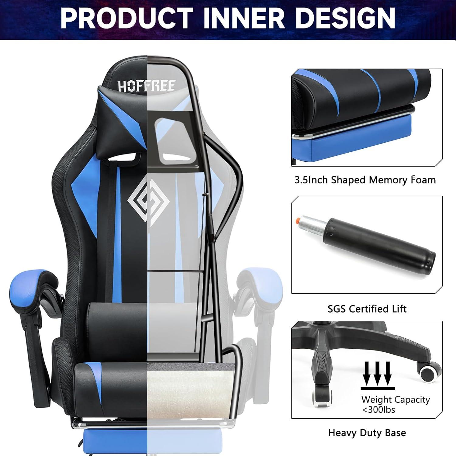 Gaming Chair with Bluetooth Speakers and RGB LED Lights Ergonomic Massage Video Game Chair with Footrest High Back with Lumbar Support Blue and Black