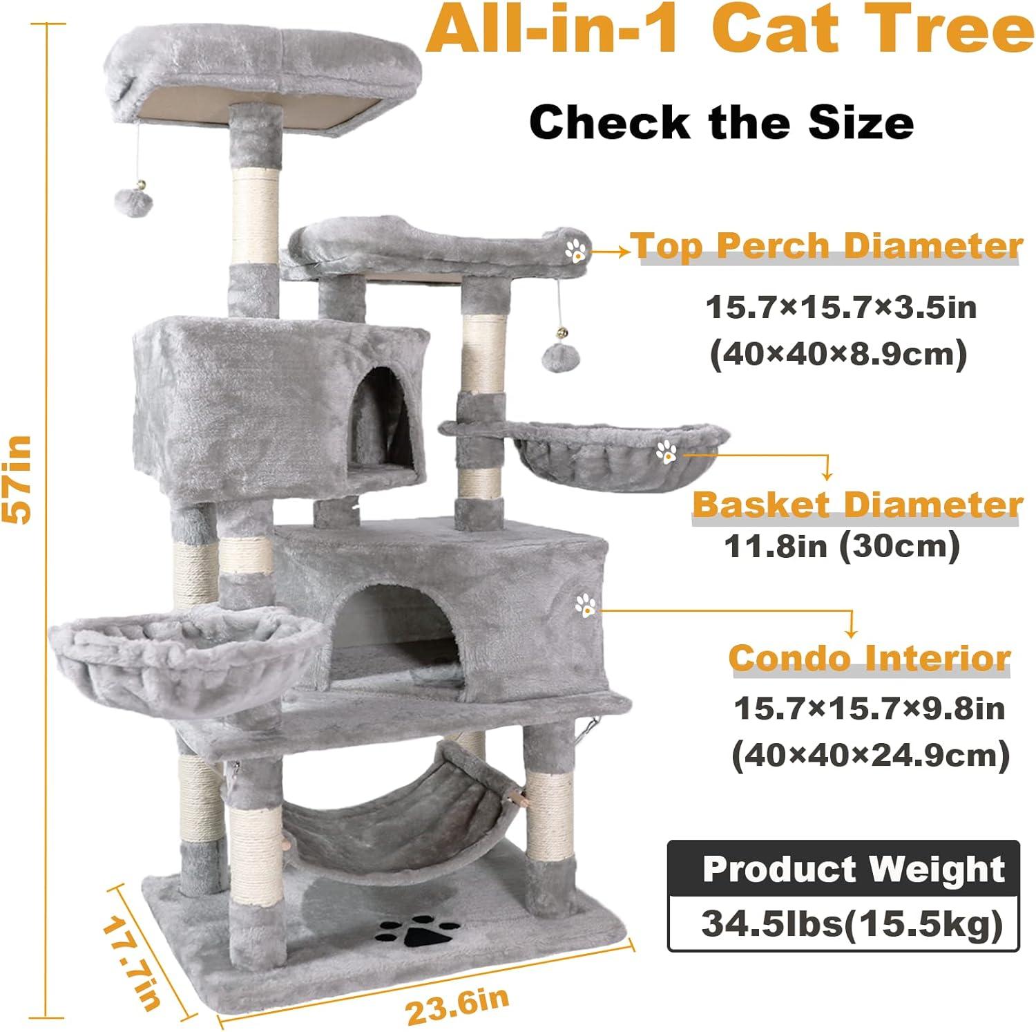 Gray Multi-Level Sisal Cat Tree with Hammock and Condos