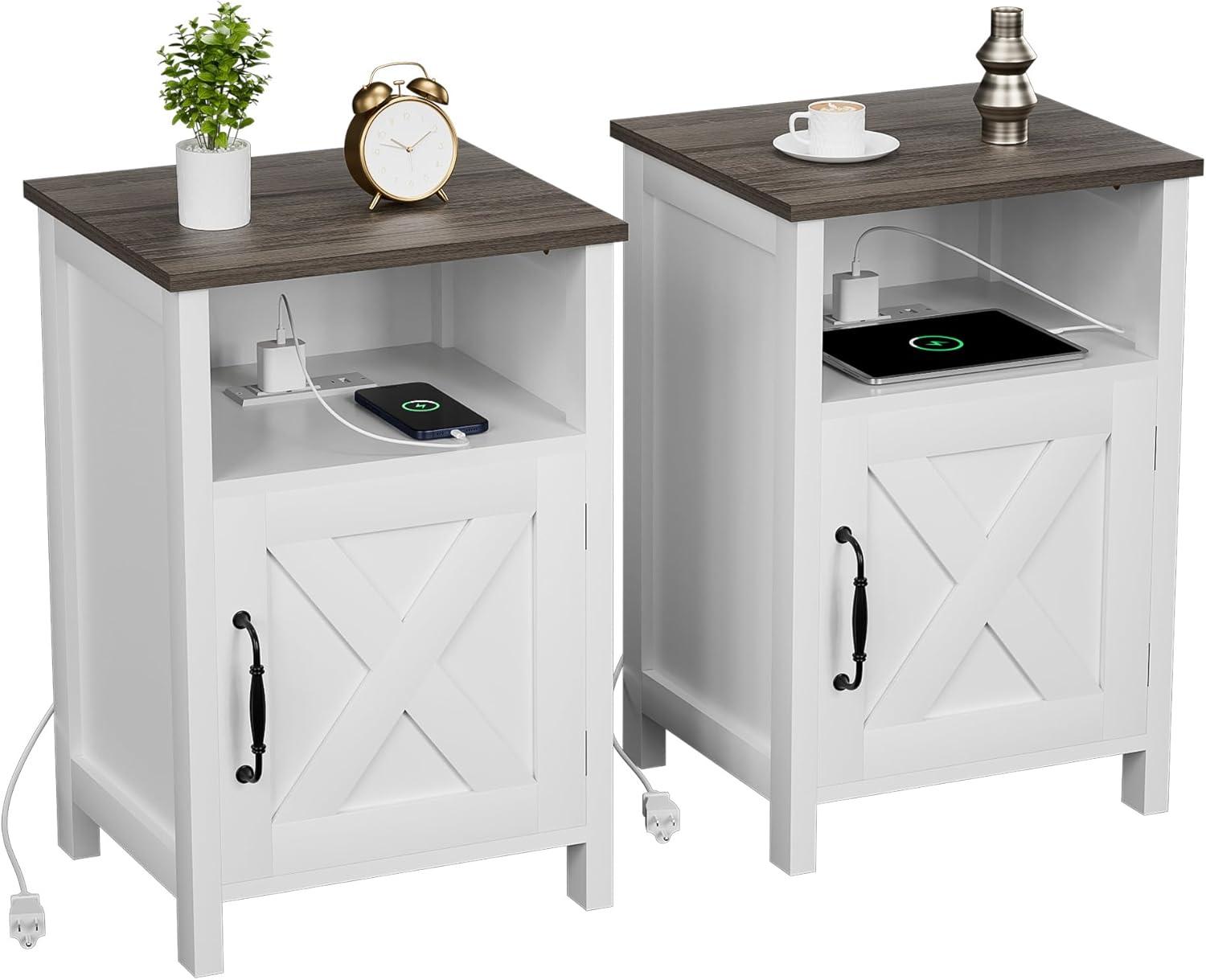 Wood Nightstands with Charging Station End Table Bedside Tables with Barn Door