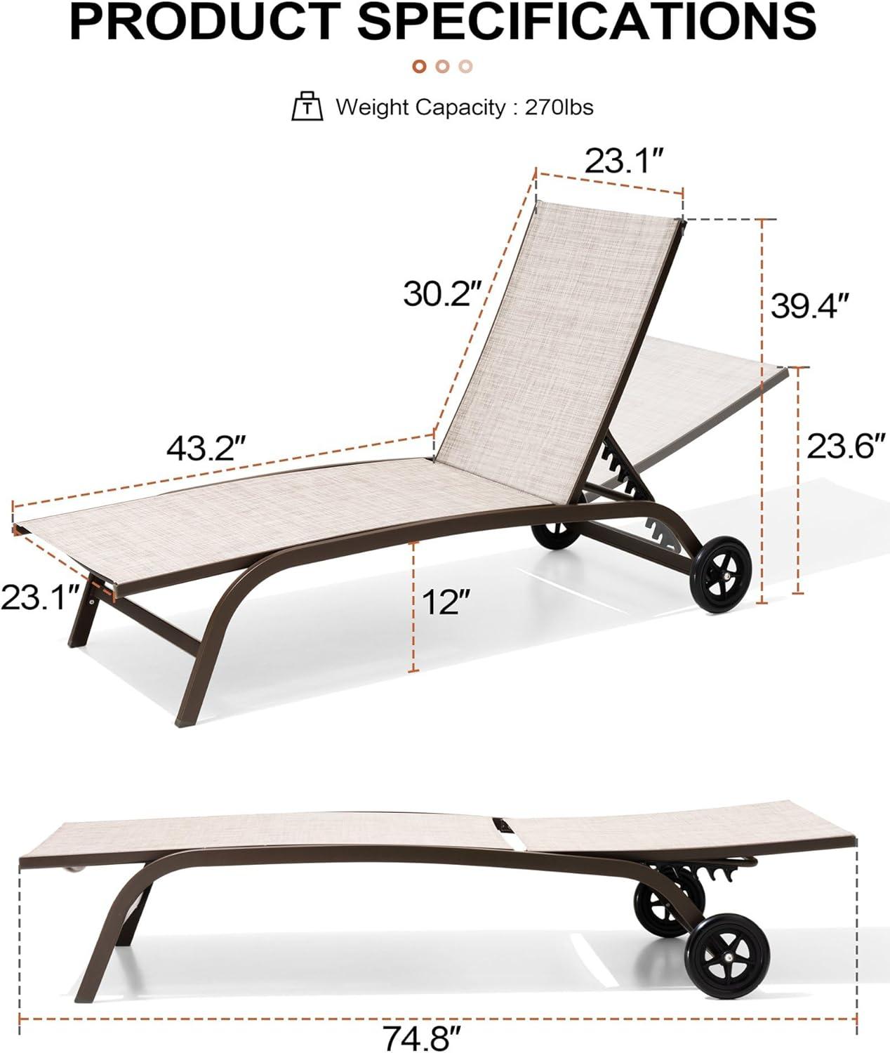 2pc Outdoor Adjustable Chaise Lounge Chairs with Wheels - Beige - Crestlive Products: Aluminum Frame, Rust & Weather-Resistant