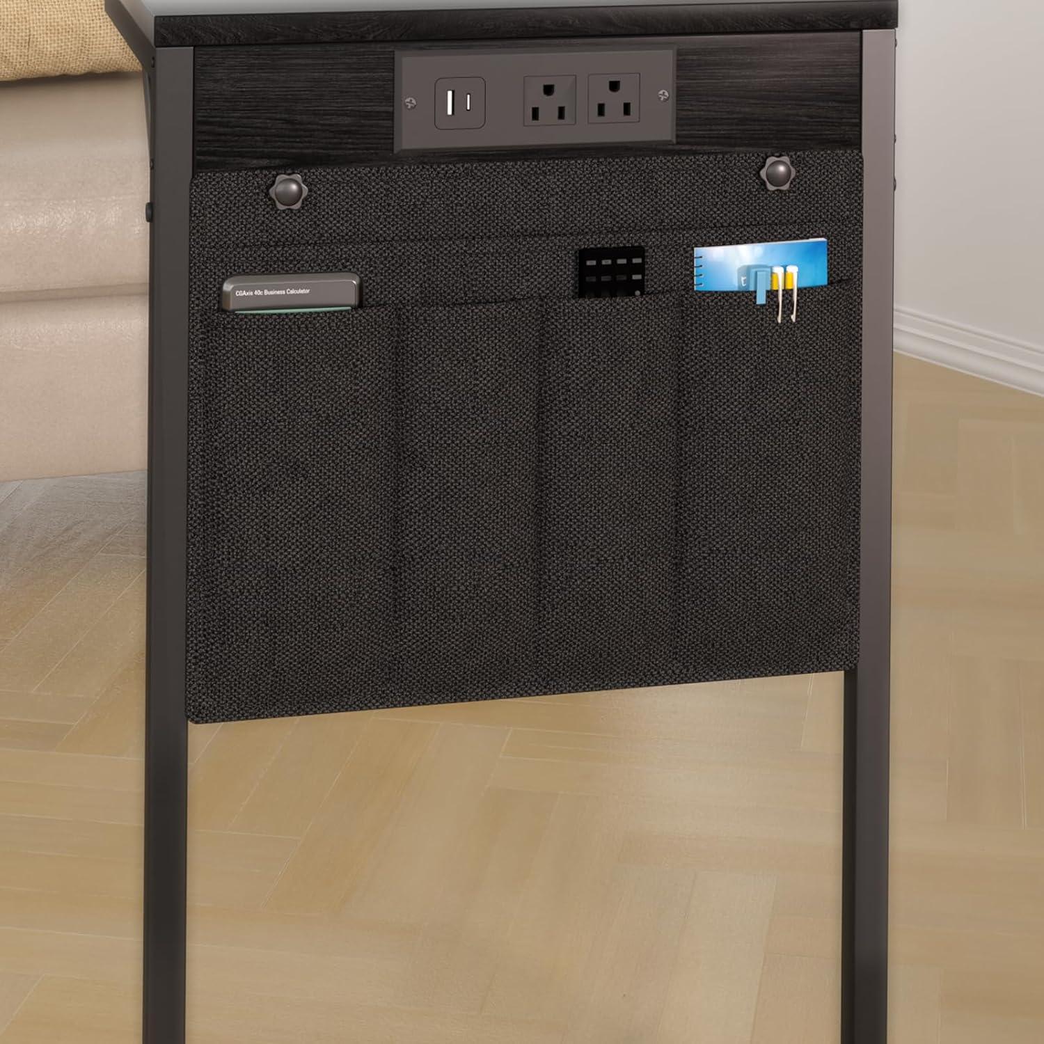 C-Shaped Side Table, Small End Table with Storage Bag, Couch Side Table with Sturdy Frame, Sturdy Slide Under Sofa Table, TV Tray Table for Living Room, Bedroom, Rustic Brown and Black BF40SF01
