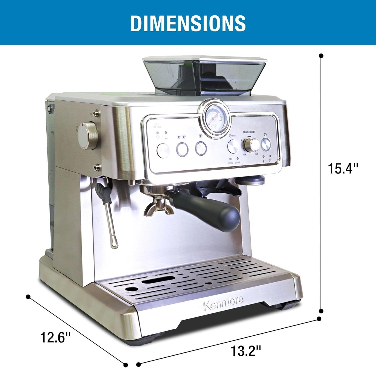Kenmore Kenmore Espresso Machine With Grinder & Milk Frother, 15 Bar Espresso Coffee Maker, Stainless Steel