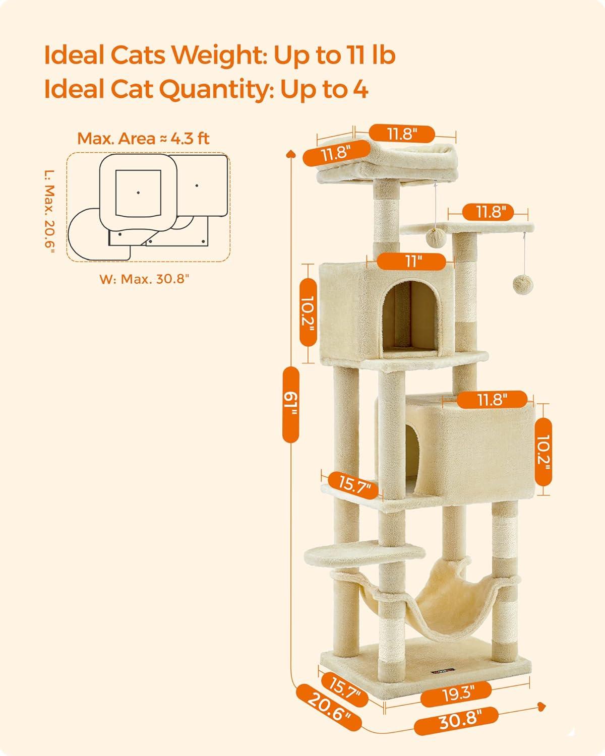 Feandrea Cat Tree, 61-Inch Cat Tower for Indoor Cats, Plush Multi-Level Cat Condo with 5 Scratching Posts, 2 Perches, 2 Caves, Hammock, 2 Pompoms, Jelly Pink UPCT192P01
