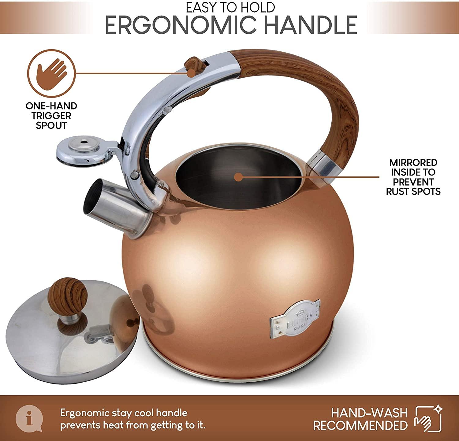 Elitra Stove Top Whistling Fancy Kettle - Stainless Steel Tea Pot with Ergonomic Handle - 2.7 Qt / 2.6 L - Rose Gold