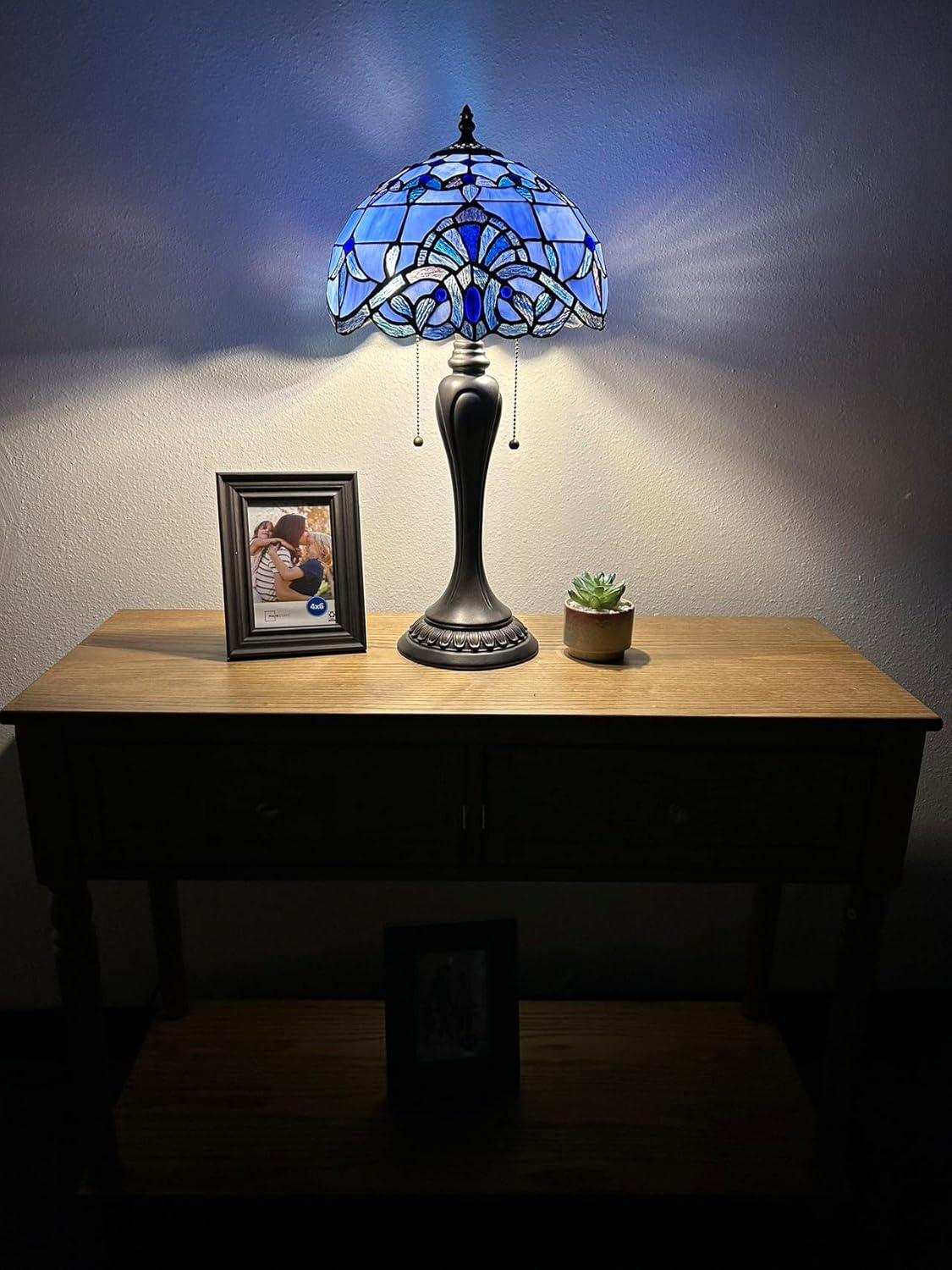 Tiffany Table Lamp Blue Stained Glass Baroque Style Lavender LED Bulbs Included for Living Room Dining Room Bedroom 12"W*12"D*22"H