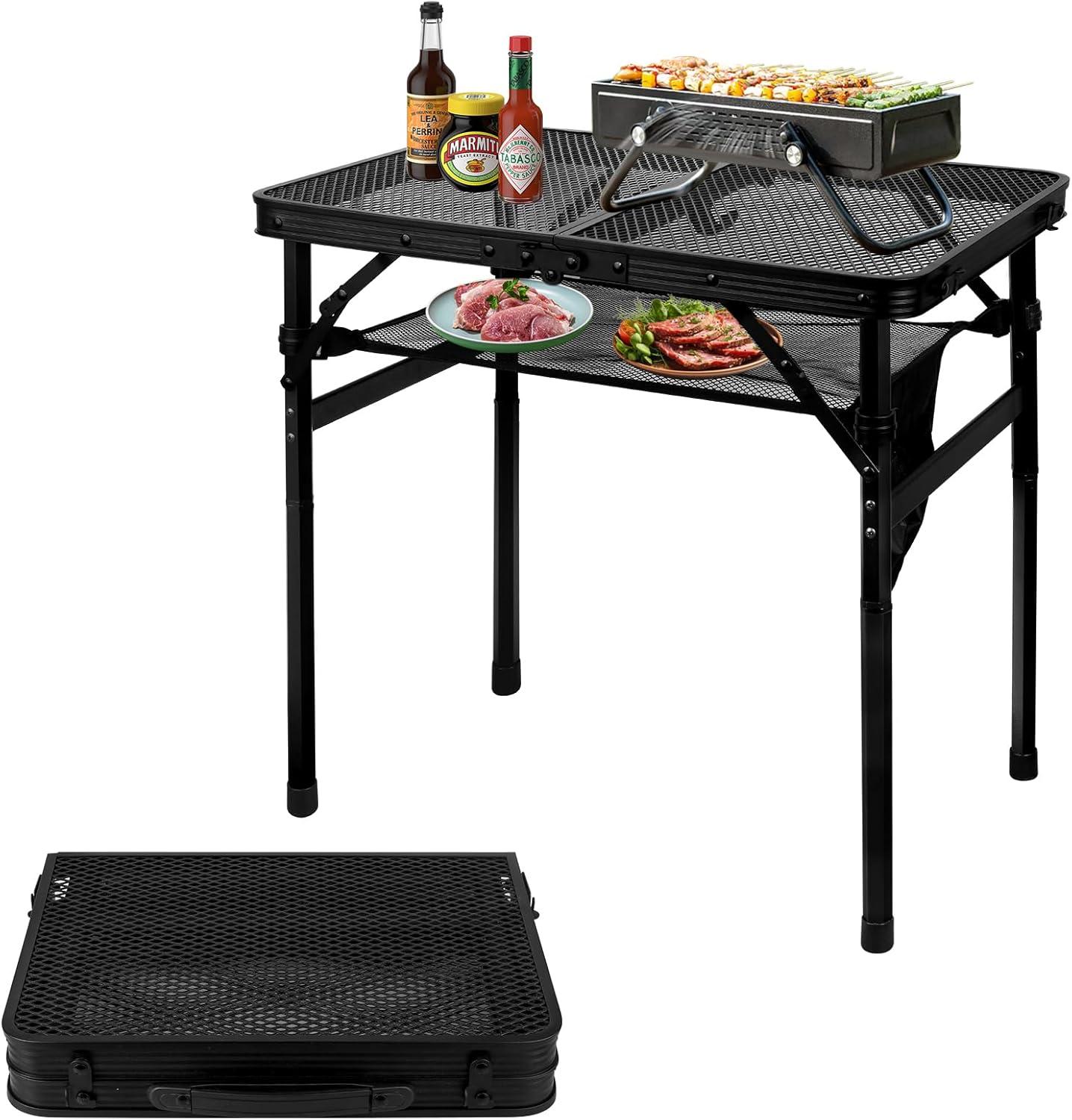 Folding Grill Table Camping Table with Mesh Desktop, Lightweight & Portable Outdoor Picnic Table, Height Adjustable Portable Grill Table for Outside Inside Use