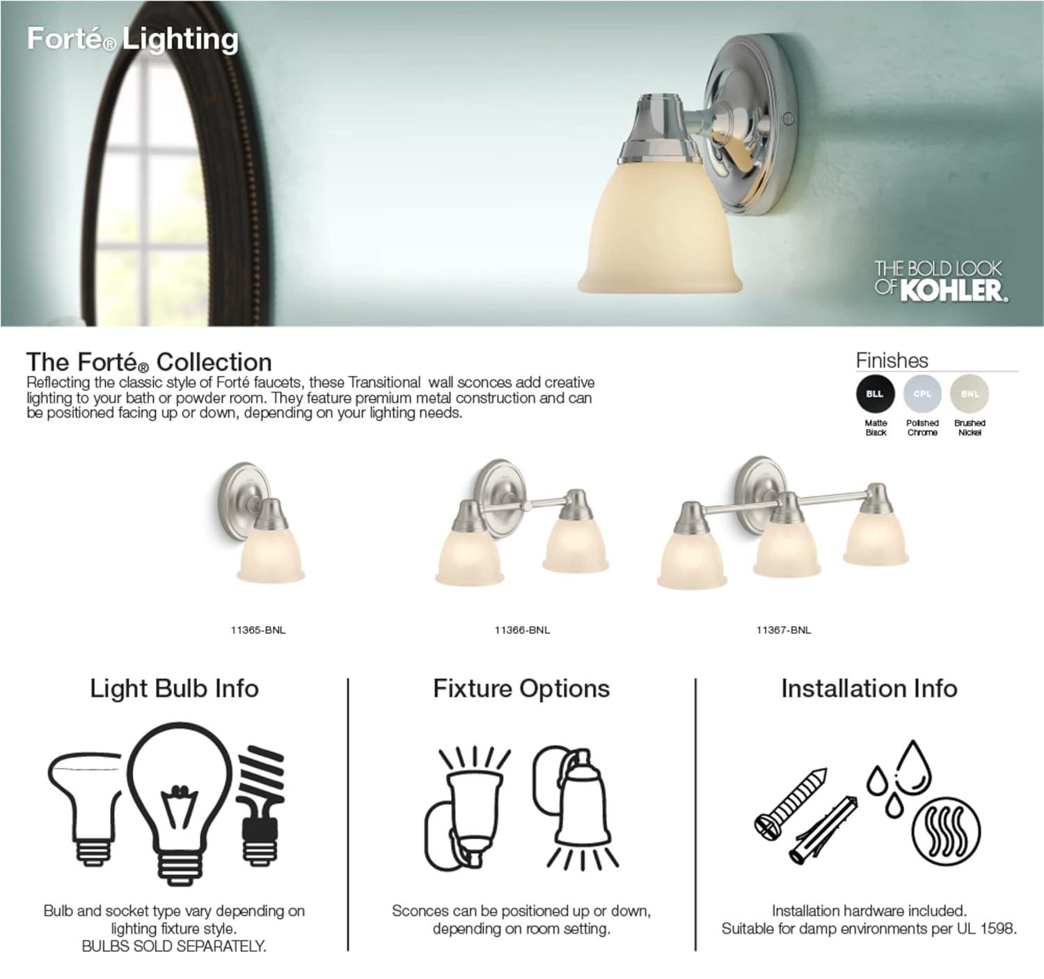 Forte 2 Light Indoor Bathroom Vanity Light Fixture, Position Facing Up or Down, UL Listed