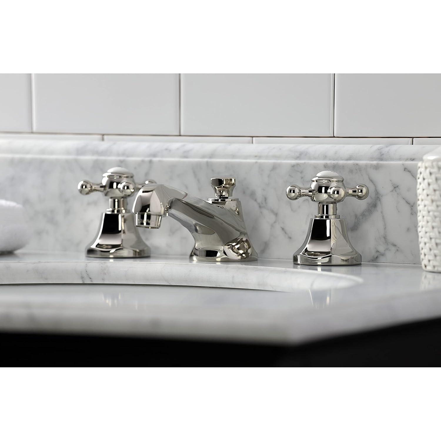 Kingston Brass Metropolitan Two-Handle 3-Hole Deck Mount Widespread Bathroom Faucet with Brass Pop-Up Drain