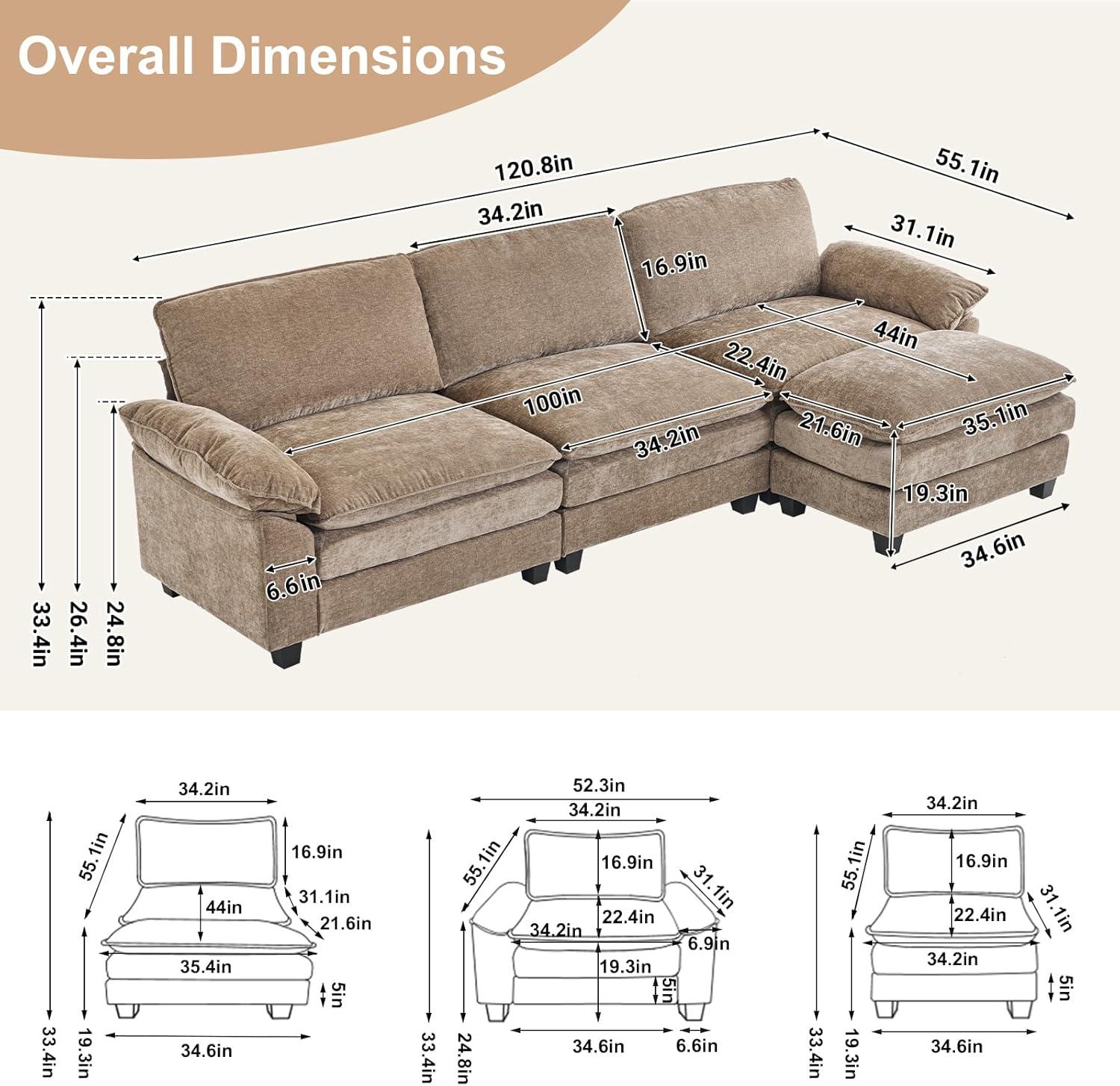 Karl home Sectional Sofa Modular Deep Seat Sofa Couch with Ottoman, Chenille Sofa Sleeper Comfy Upholstered Furniture for Living Room, Apartment, Studio, Office, (3-Seat & 1-Ottoman, Light Brown)