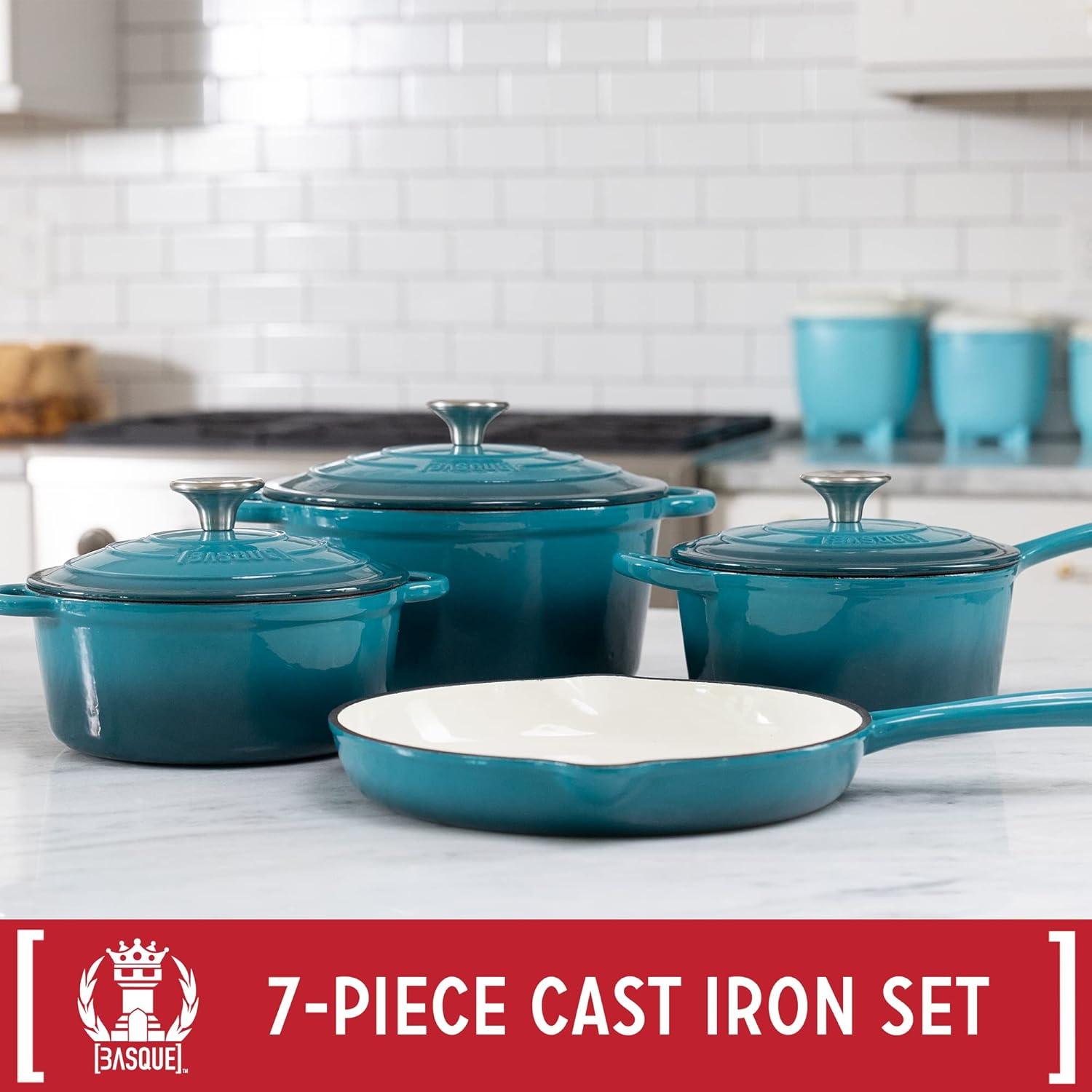 Basque Enameled Cast Iron Cookware Set, 7-Piece Set, Nonstick, Oven Safe