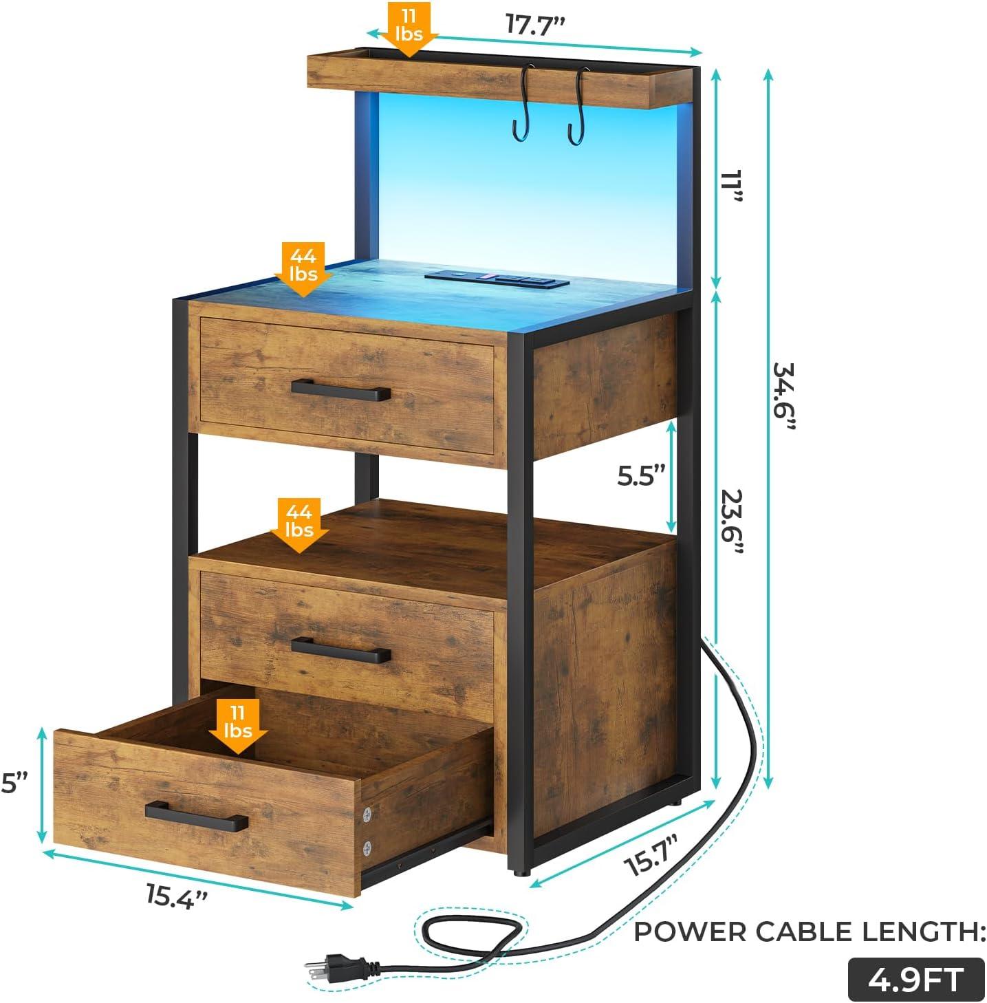 Weiplehoom Led Nightstand with Charging Station, 3 Drawers Night Stands, Bedside Tables with Storage Shelves, Rustic Brown