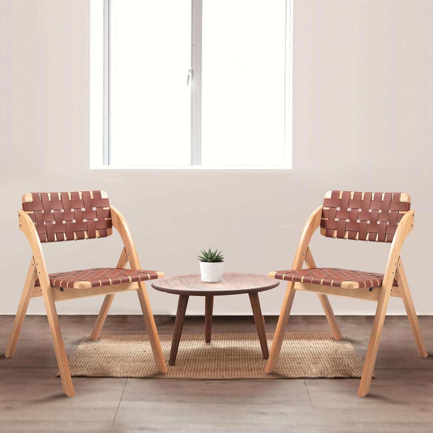 Folding Chairs Set of 2, Wooden Foldable Dining Chairs, Stackable Folding Extra Chair with Breathable Leather-Woven Design for Indoor & Outdoor, Brown
