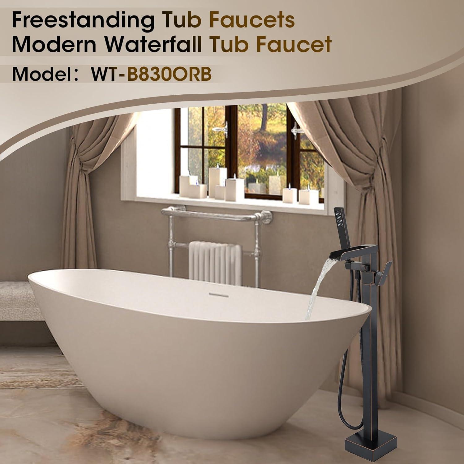 Single-Handle Floor Mount Freestanding Tub Faucet Waterfall Tub Filler with Handheld Shower in Oil Rubbed Bronze