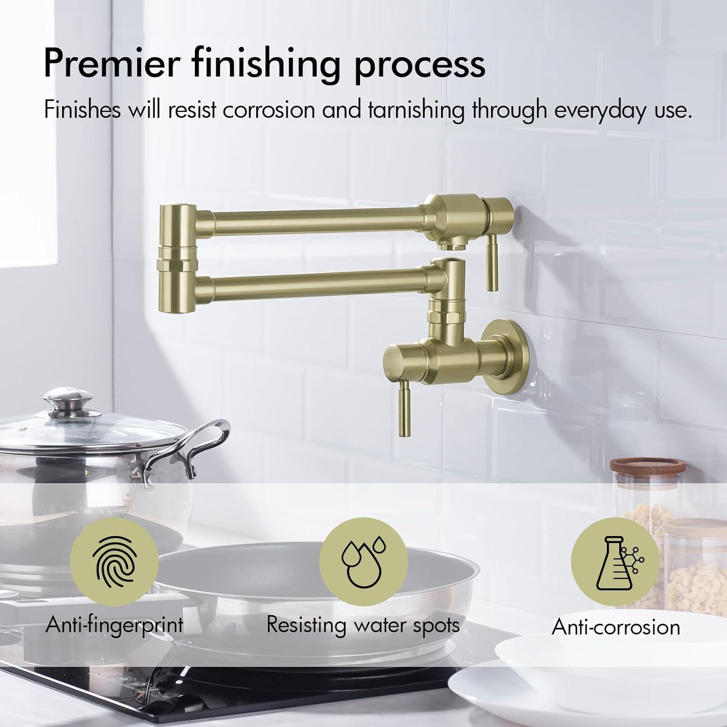 Pot Filler Faucet, Solid Brass Brushed Gold Single Cold Kitchen Faucet Wall Mounted Kitchen Pot Filler Faucet Double Joint Swing Arm Faucet