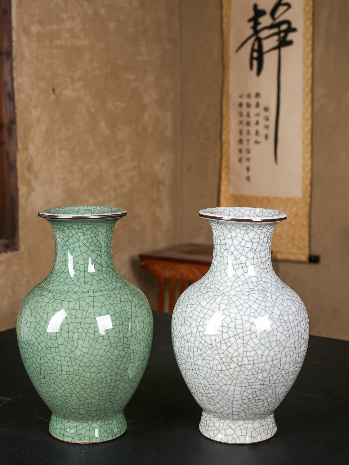 Green Ceramic Vase for Home Decor, Rustic Oriental Vases, Glazed Decorative Farmhouse Vase for Mantel, Table, Bookshelf, Living Room Decoration(Green)