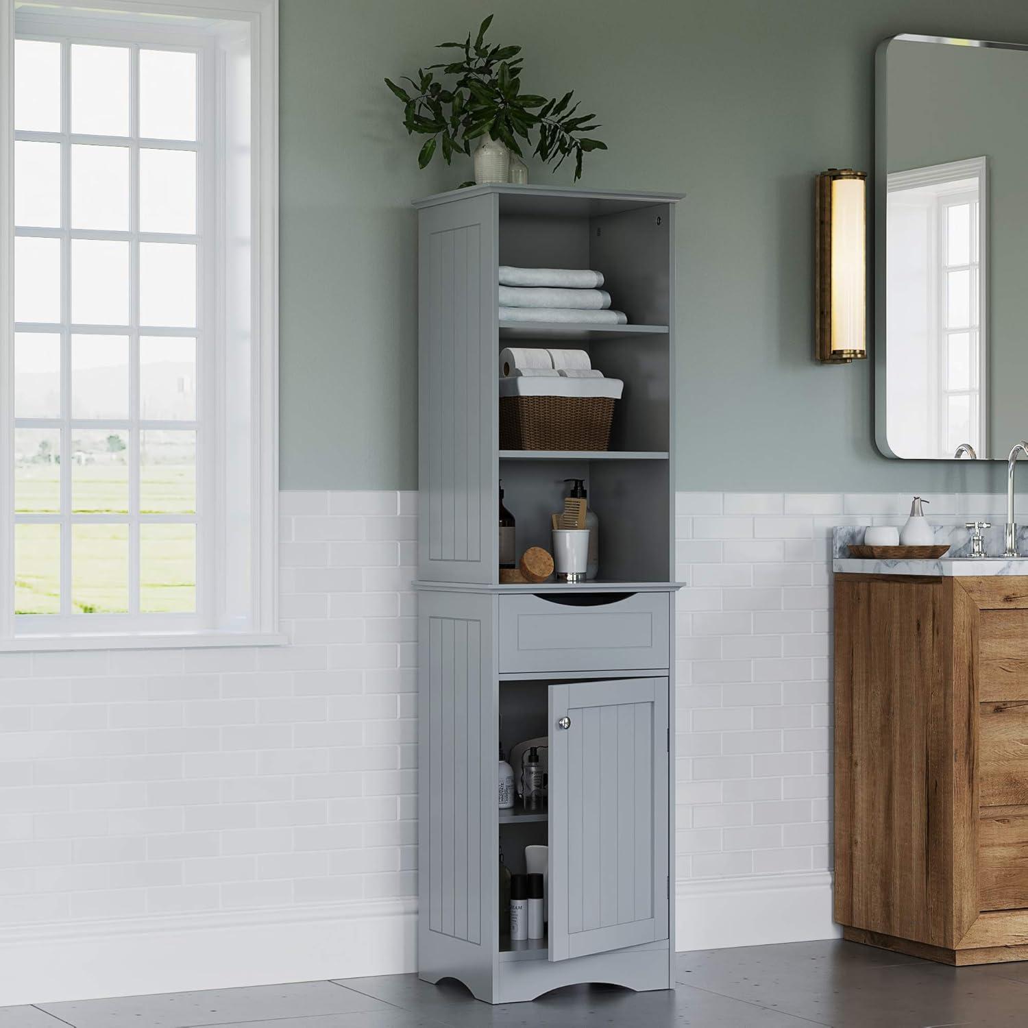 RiverRidge Ashland Tall Bathroom Storage Linen Cabinet and Organizer with Drawer and Shelves