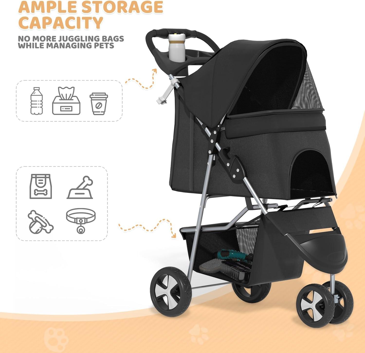 Magshion Foldable Pet Dog and Cat Stroller with Adjustable Canopy Storage Basket and Cup Holder for Small and Medium Pets