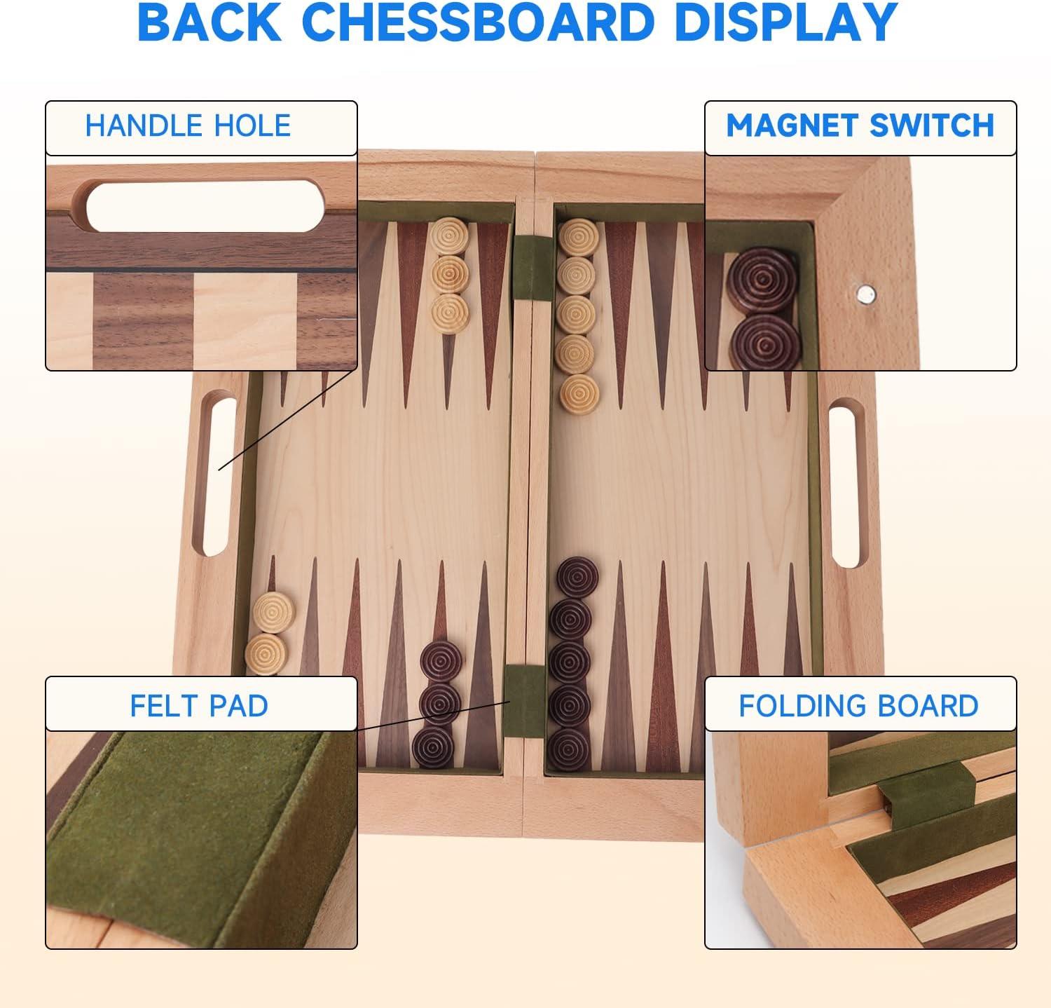 GSE 3-in-1 Wooden Folding Chess, Checker and Backgammon Board Game Combo Set