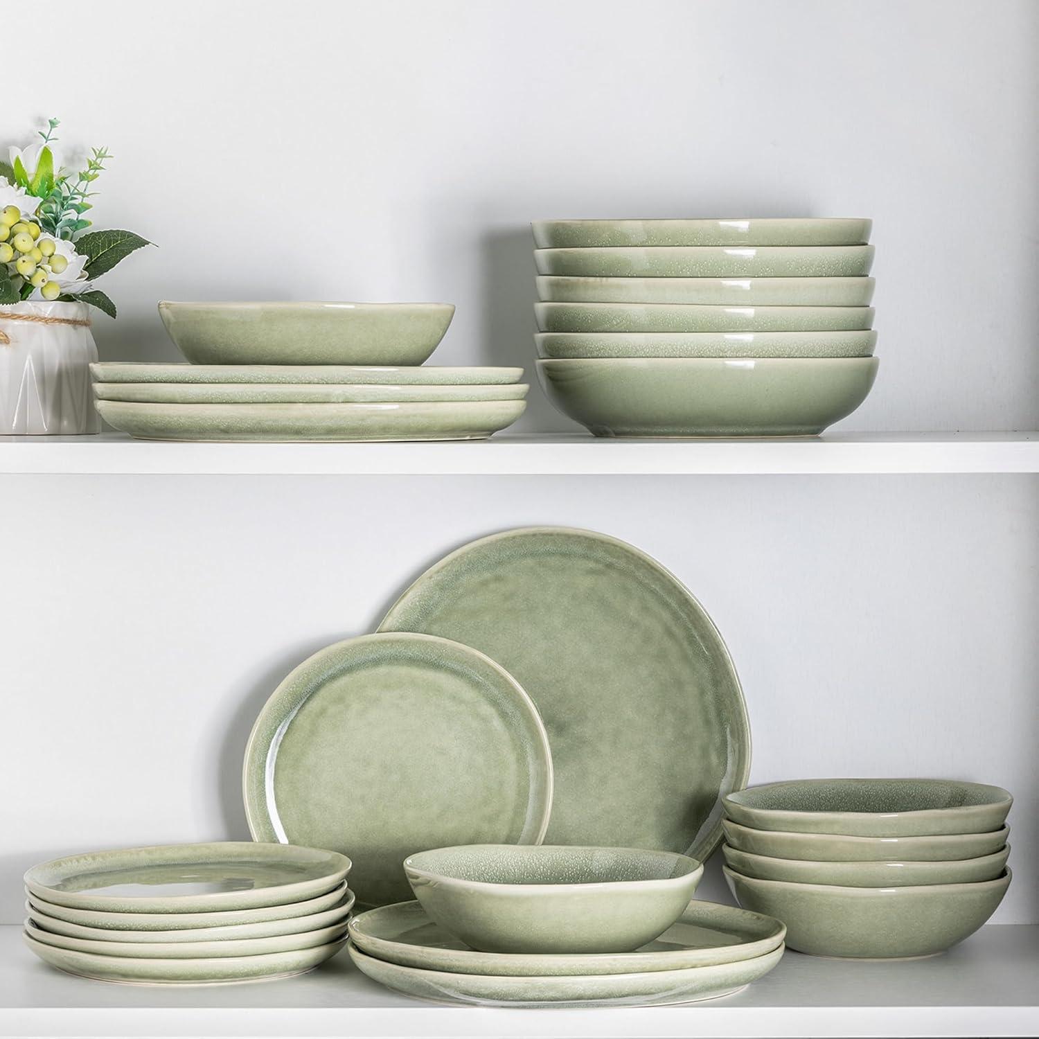 Olive Green and White Ceramic Dinnerware Set for 4