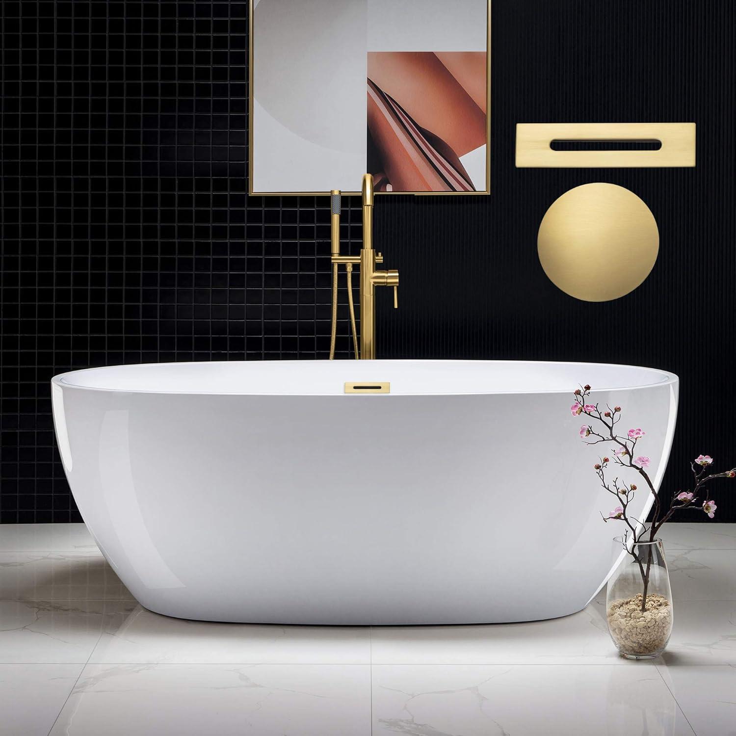 WOODBRIDGE 71" Acrylic Freestanding Bathtub Contemporary Soaking Tub, White Acrylic,Brushed Gold Drain/Overflow