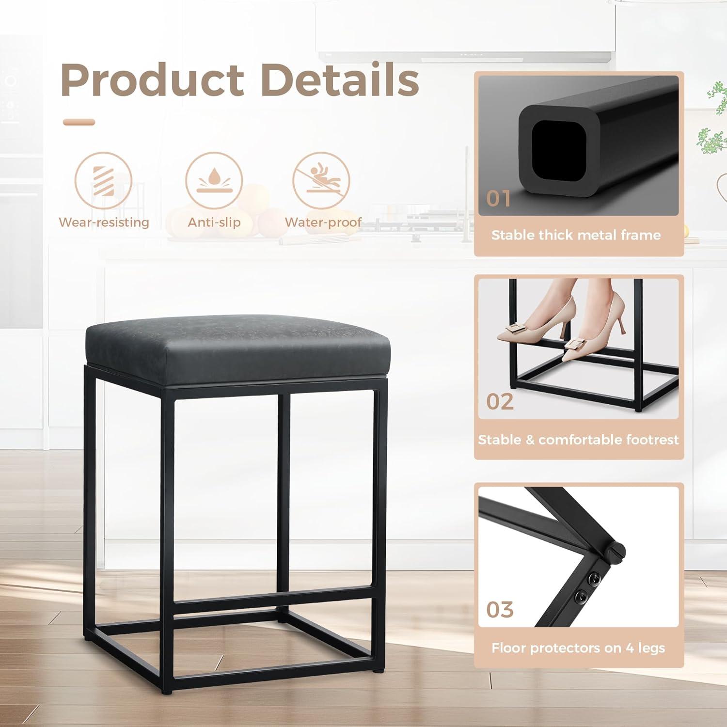 Lorelia Set of 2 Black 24 Inch Backless Counter Bar Stools Faux Leather Seat for Kitchen