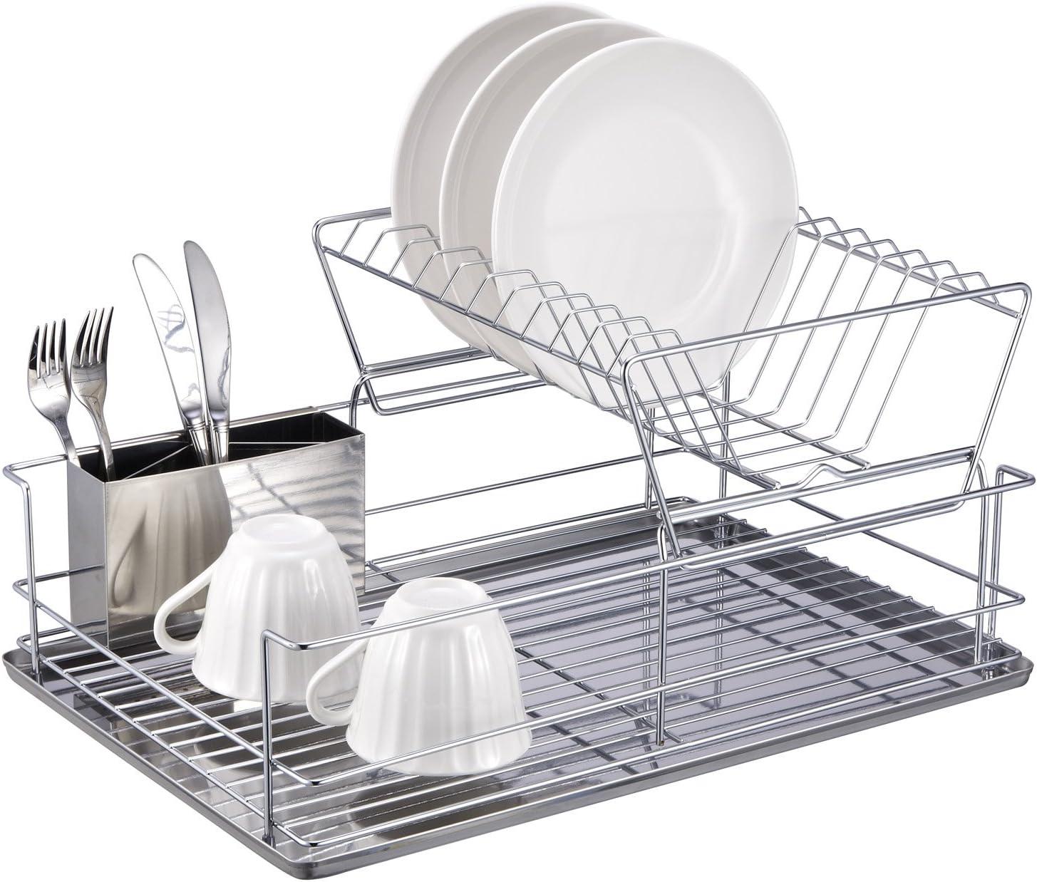 Silver 2-Tier Stainless Steel Dish Rack with Utensil Cup