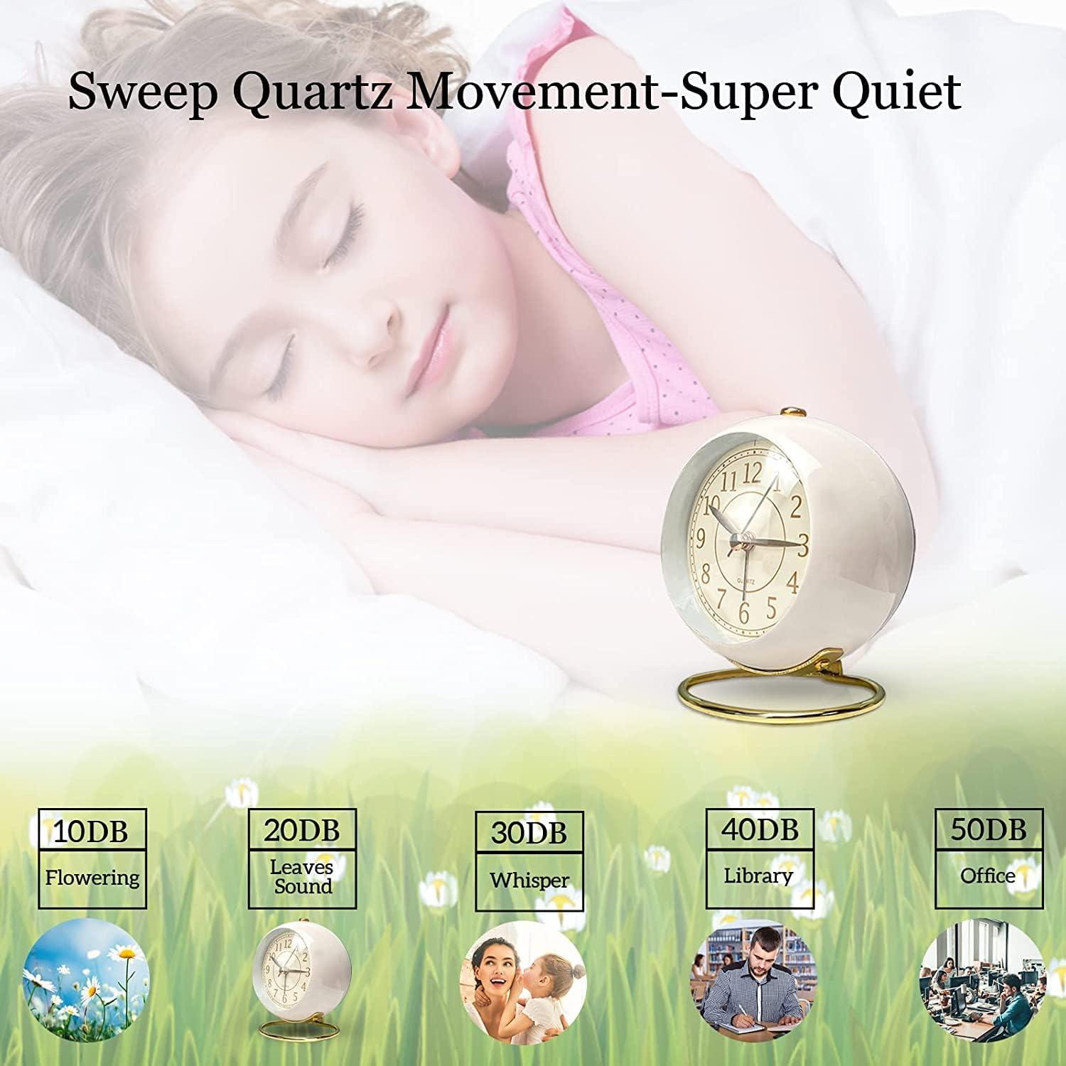 MINKUROW Small Alarm Clocks,Classic Retro Analog Cute Simple Design Small Desk Clock with No-Ticking Battery Operated Silent Backlight for Kids/Bedroom/Bedside Desktop/Kitchen/Travel White