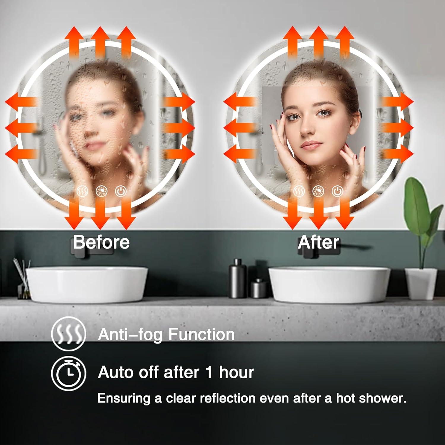 Round LED Bathroom Vanity Mirror with Lights 24 Inch Round LED Wall Mounted Mirror with Lights 3 CCT Dimmable LED Vanity Mirror Anti-Fog Dual Lighted LED Bathroom Mirror