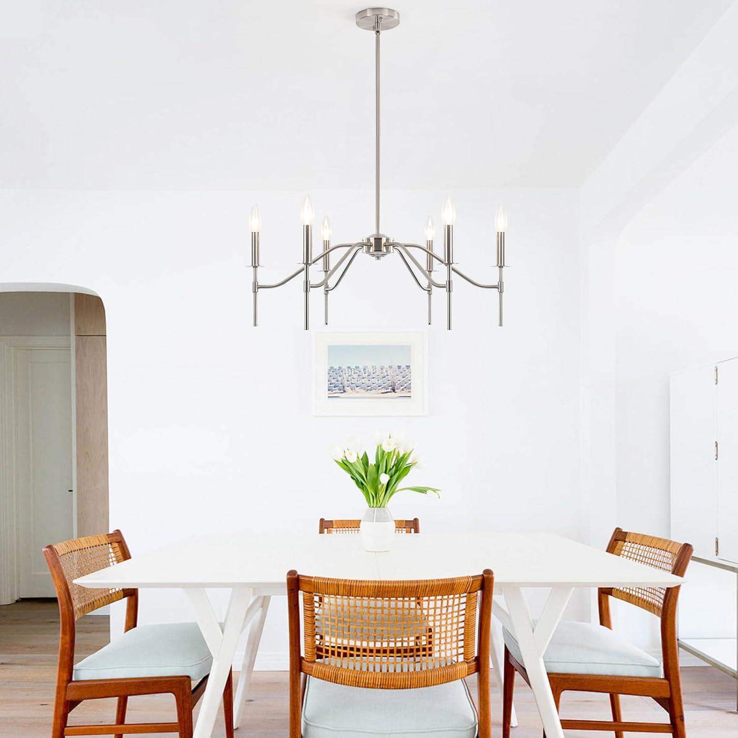 6-Light Farmhouse Chandelier for Dining Room Lighting Fixtures Hanging Brushed Nickel Chandelier for Kitchen Industrial Pendant Candle Lighting or Living Room Entryway Bedroom Foyer