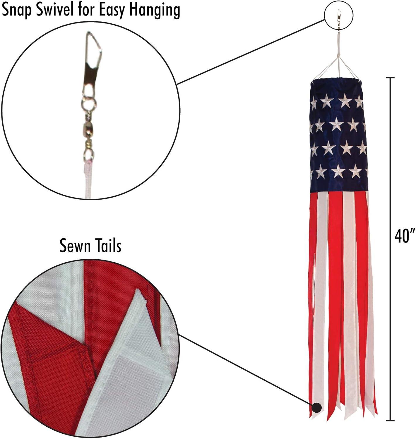 Patriotic Stars and Stripes Embroidered Windsock, 40-inch