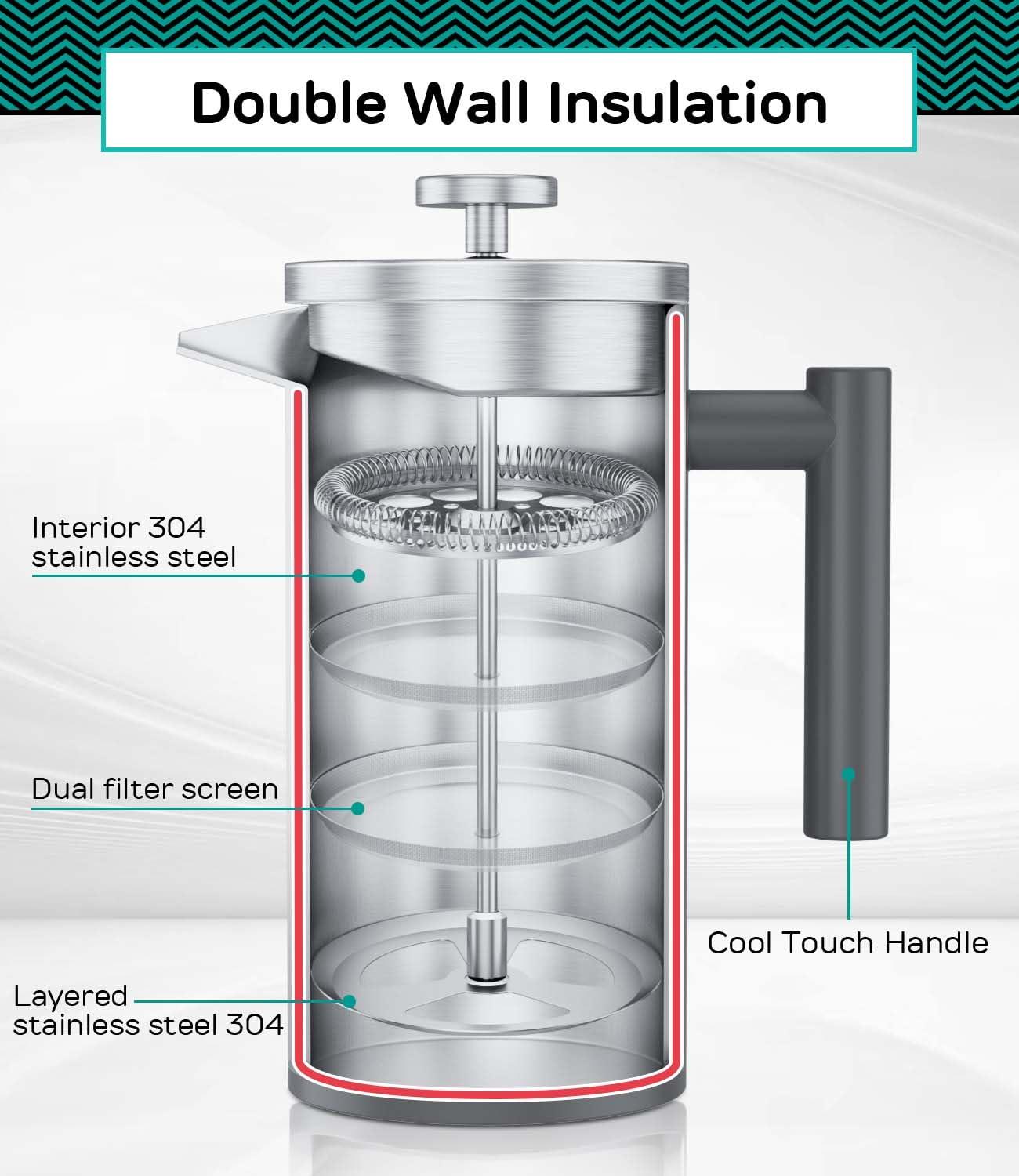 Gray Stainless Steel Thermal French Press Coffee Maker with Travel Jar