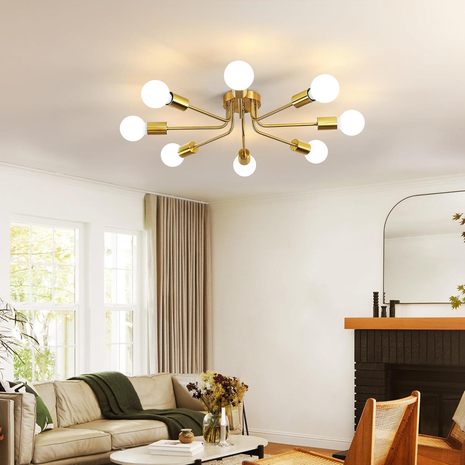 Gold Metal 8-Light Sputnik Semi Flush Mount Ceiling Light