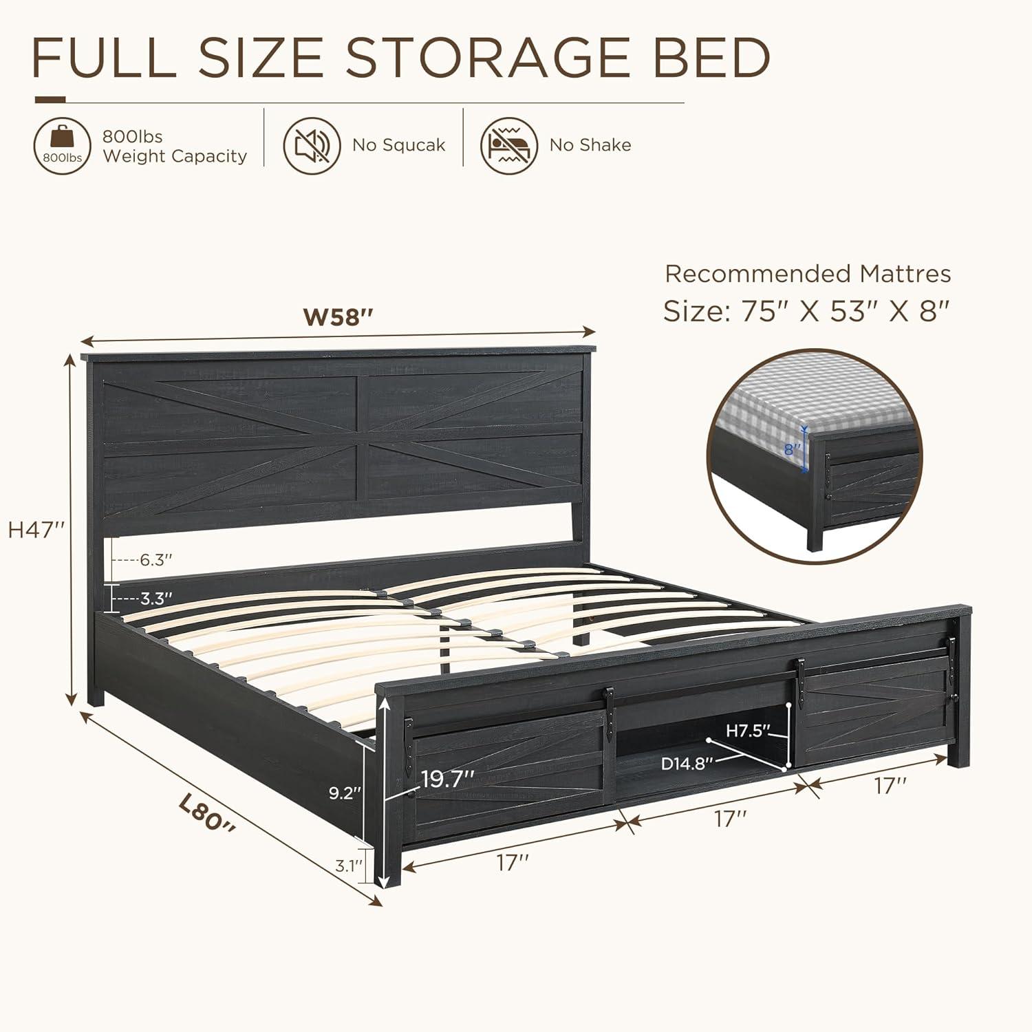 Argana Farmhouse Wood Bed Frame with Headboard and Sliding Barn Door Storage Cabinets