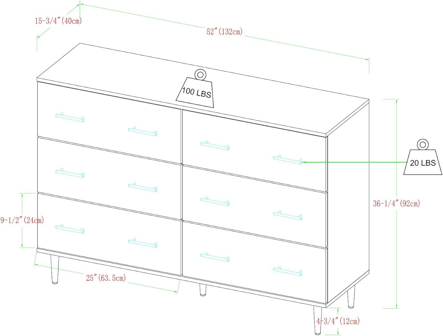 Walker Edison Mila Modern 6 Drawer Storage Buffet, 52 Inch, White and Rustic Oak