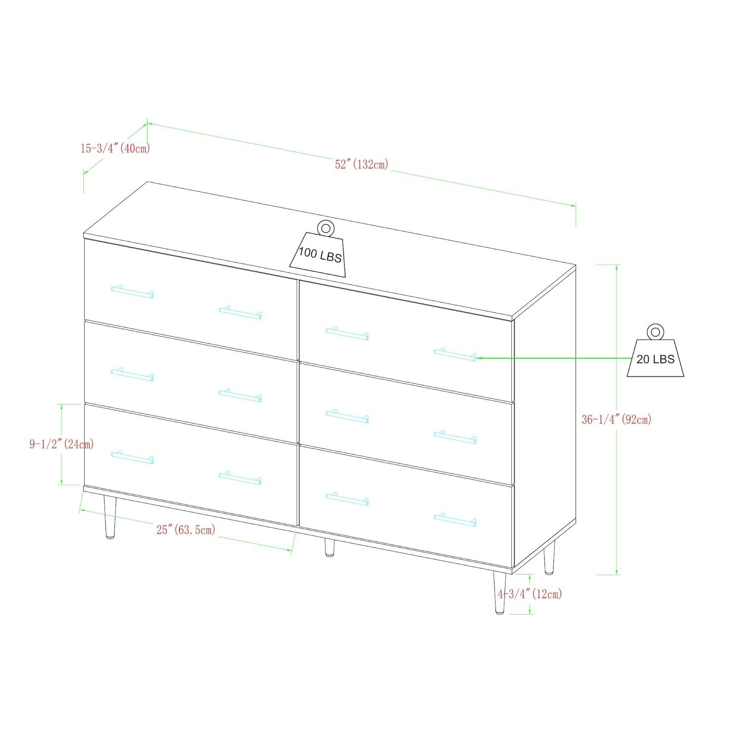 Walker Edison Mila Modern 6 Drawer Storage Buffet, 52 Inch, White and Rustic Oak