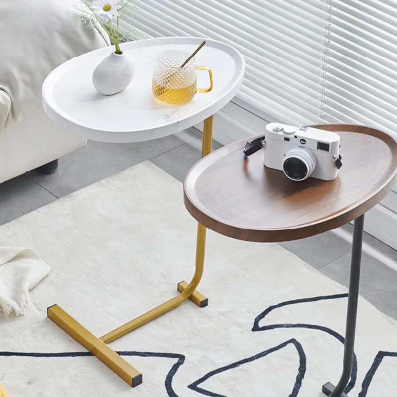 Brown Oval Top C-Shaped Side Table Set with Black Metal Frame