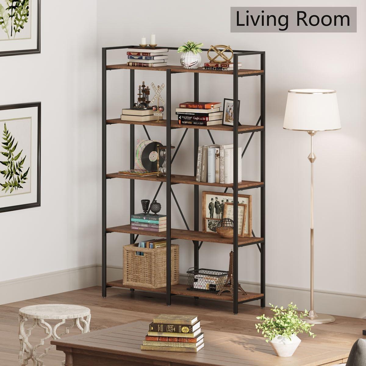 Rustic Oak and Black Metal 5-Tier Industrial Bookshelf