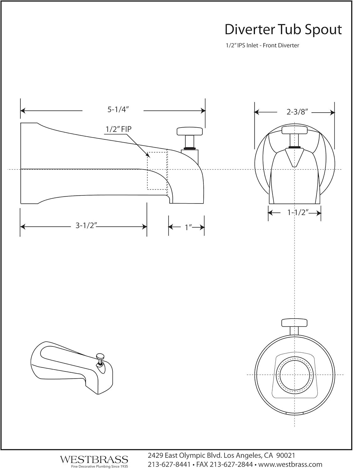 5-1/2" Reach Brass Wall Mount Tub Spout with Nose Diverter